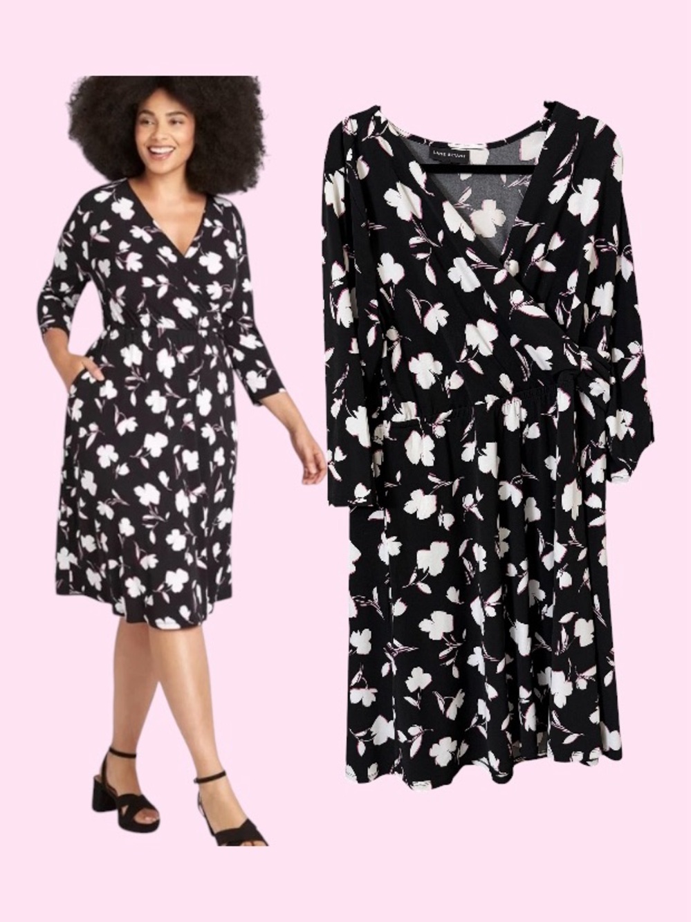 LANE BRYANT 18/20 BLACK FLORAL CROSSOVER FLORAL FIT & FLARE DRESS